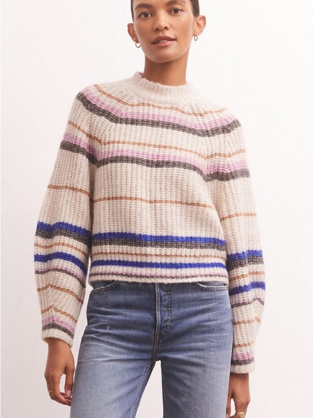 Z SUPPLY Desmond Stripe Sweater XS Multicolor Cream Blue Pink Black Cozy Knit